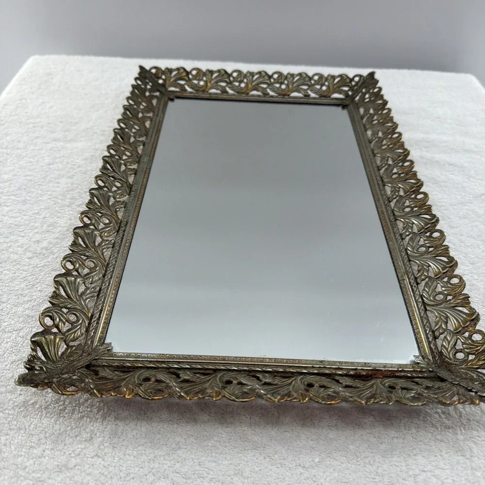 Vintage Footed Vanity Mirror Tray Floral Gold Tone Filigree Frame Felt 15